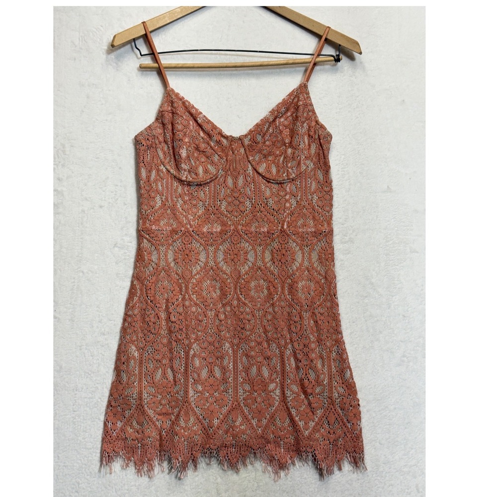 Express Lace Mini Dress Underwire Eyelash Hem Terracotta Rust Orange Womens M